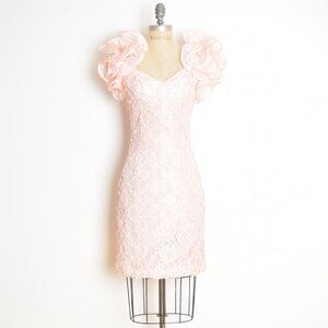 vintage 80s prom dress pink lace ribbon origami ruffle cocktail party mini M